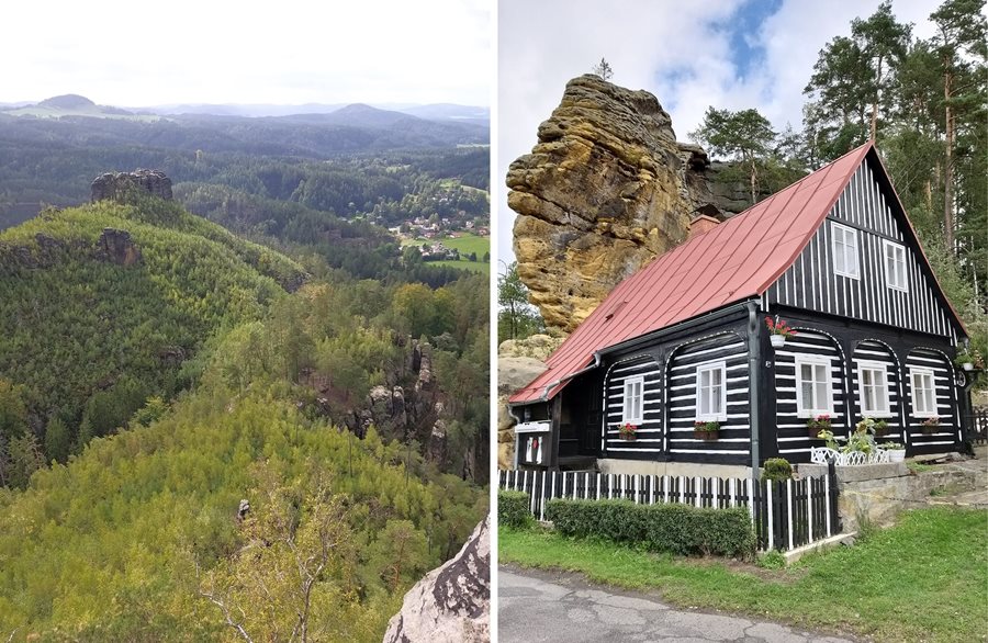 Uitzicht vanaf Mariina skála en volksarchitectuur in Jetřichovice Uitzicht Jetrichovice in Boheems Zwitserland