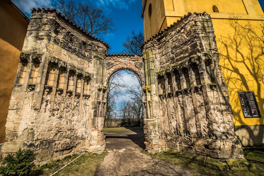 Gate of unfinished gothic church in Panenský Týnec, Czechia