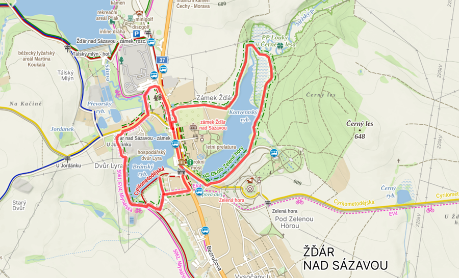 Kaart van de wandelingen ©Mapy.cz kaart wandeling Zdar nad Sazavou