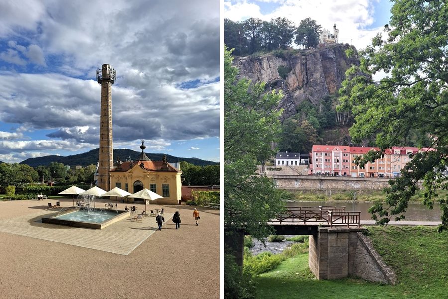Het stadje Děčín heeft een gezellig centrum en vanaf de Elbe heb je mooi uitzicht op het rotsmasssief Pastýřská stěna De stad Decin aan de grens van Duitsland en gelegen aan de Elbe