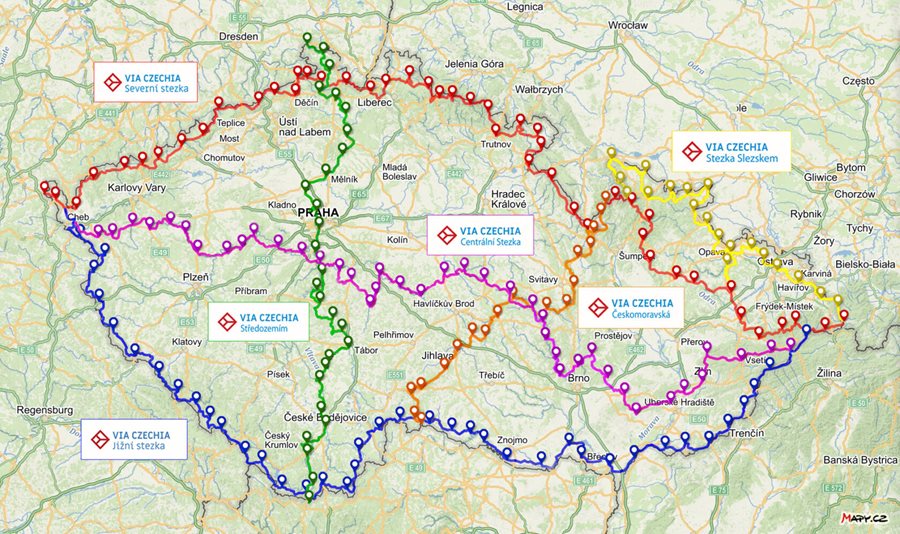 Via Czechia routes kaart wandelen fietsen