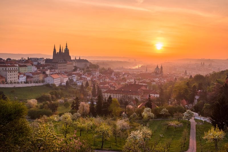 Pet&#x159;&#xED;n Gardens and Prague Castle with St. Vitus Cathedral (on the left)