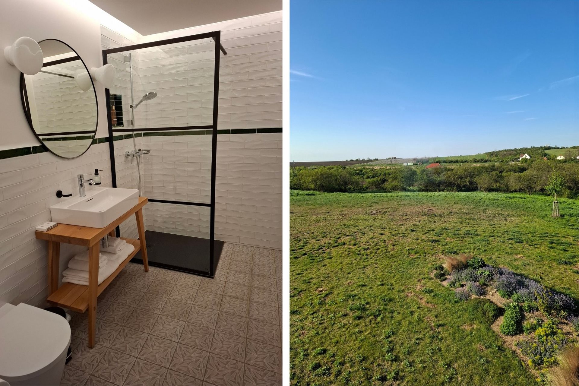 Luxe verblijf bij Thaya Winery met moderne badkamer en uitzicht over de wijngaarden van Zuid-Moravië Moderne badkamer en prachtig uitzicht over de wijngaarden en heuvels van Zuid-Moravië bij Thaya Winery